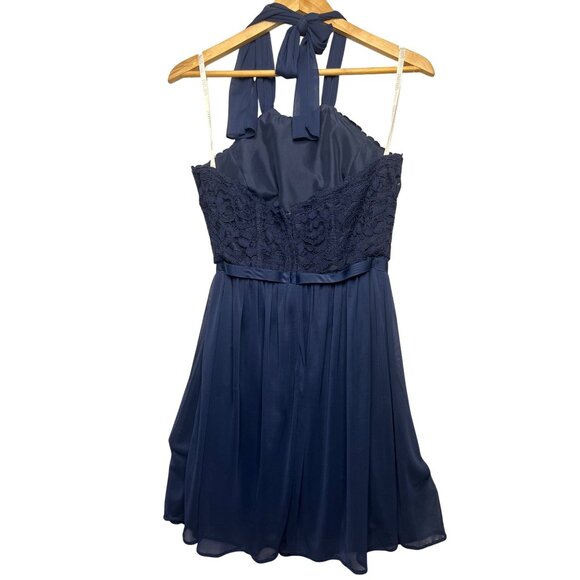 David's Bridal Brides Maid Navy Halter Neck Lace & Chiffon Dress - Size 6 Prom - Picture 2 of 16